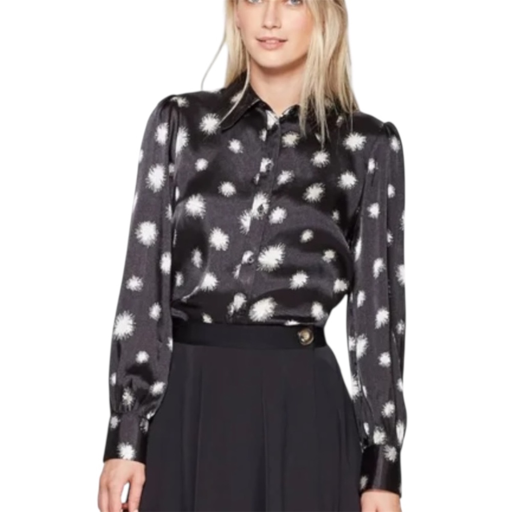 Who What Wear Black & Ecru Dandelion Dots Satin Button Down